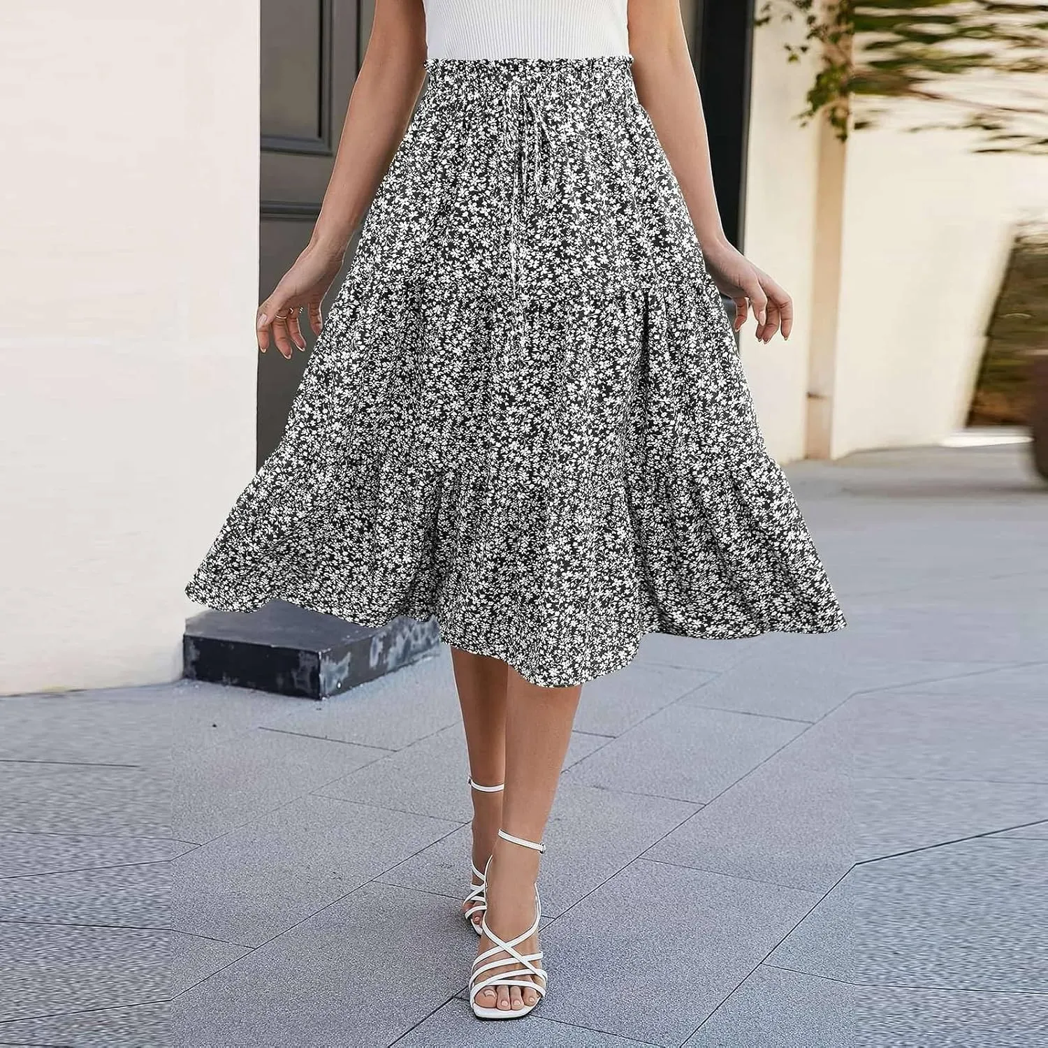 Womens Boho Skirt Cute Vacation Pleated Beach Smocked Business Trendy Peasant Elastic Waist Summer Skirts for Women