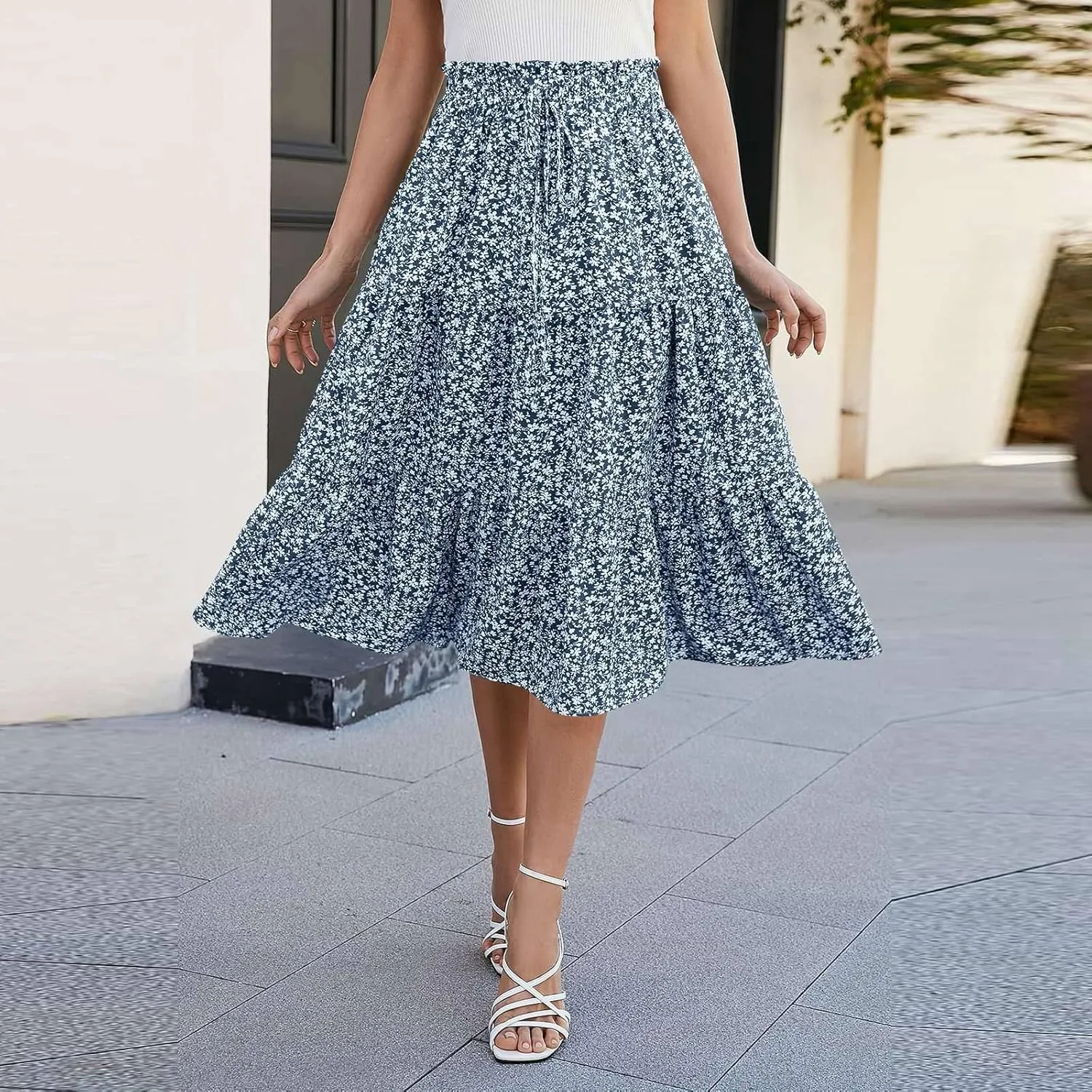 Womens Boho Skirt Cute Vacation Pleated Beach Smocked Business Trendy Peasant Elastic Waist Summer Skirts for Women