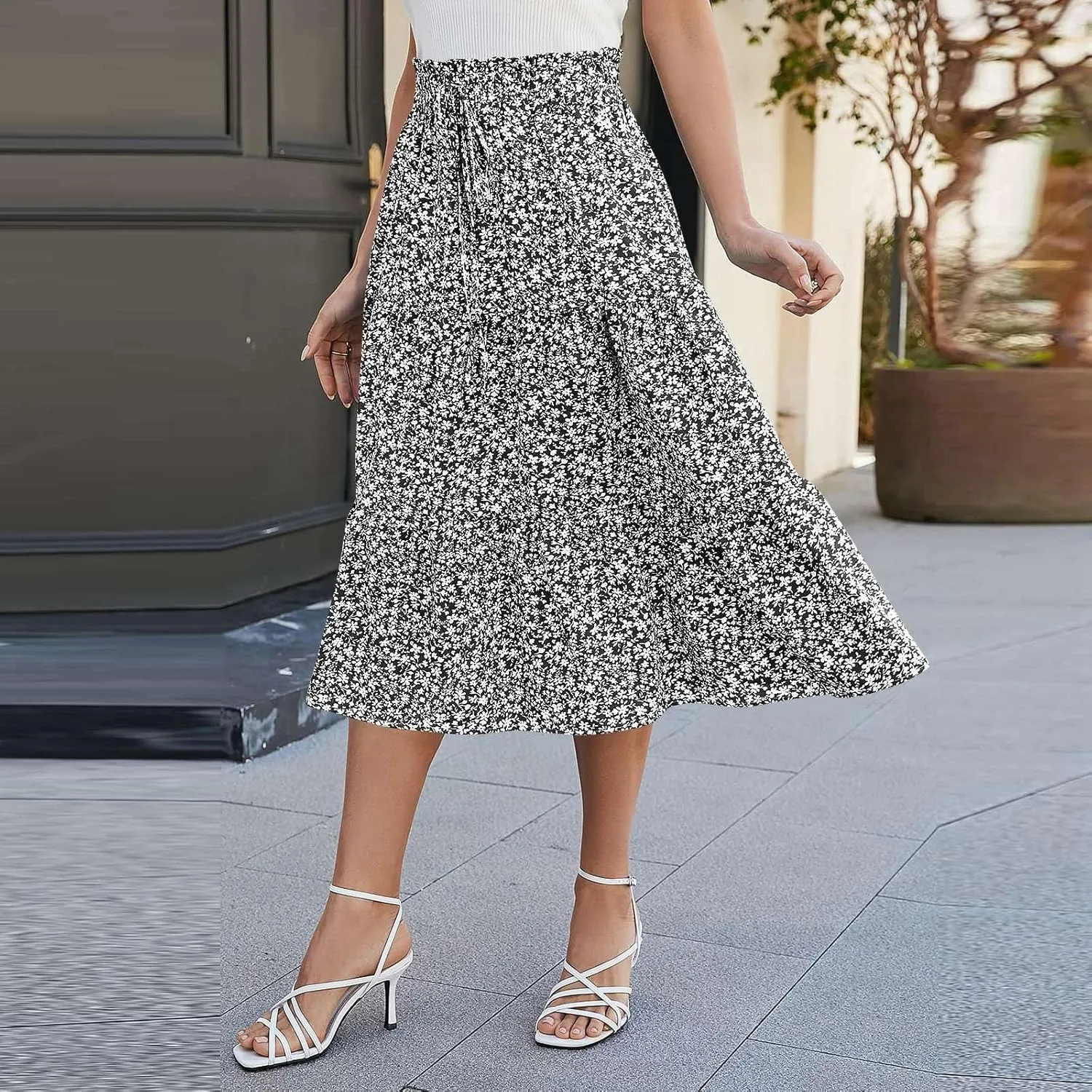 Womens Boho Skirt Cute Vacation Pleated Beach Smocked Business Trendy Peasant Elastic Waist Summer Skirts for Women
