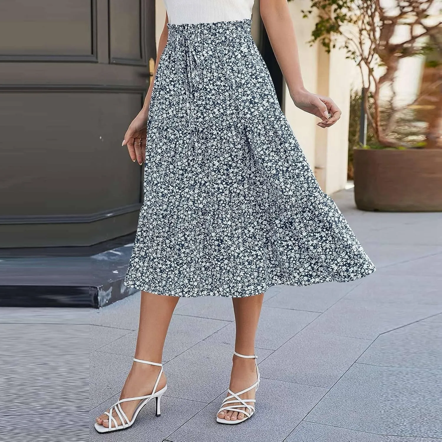 Womens Boho Skirt Cute Vacation Pleated Beach Smocked Business Trendy Peasant Elastic Waist Summer Skirts for Women