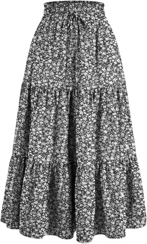 Womens Boho Skirt Cute Vacation Pleated Beach Smocked Business Trendy Peasant Elastic Waist Summer Skirts for Women
