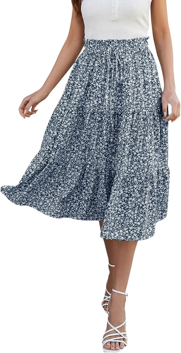 Womens Boho Skirt Cute Vacation Pleated Beach Smocked Business Trendy Peasant Elastic Waist Summer Skirts for Women