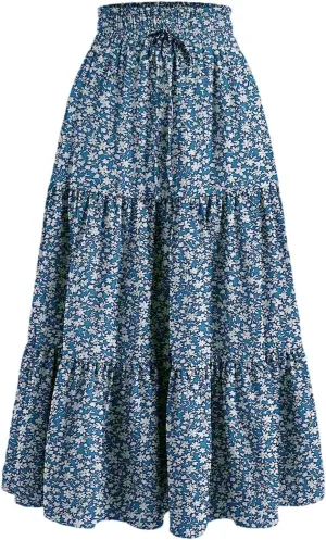 Womens Boho Skirt Cute Vacation Pleated Beach Smocked Business Trendy Peasant Elastic Waist Summer Skirts for Women