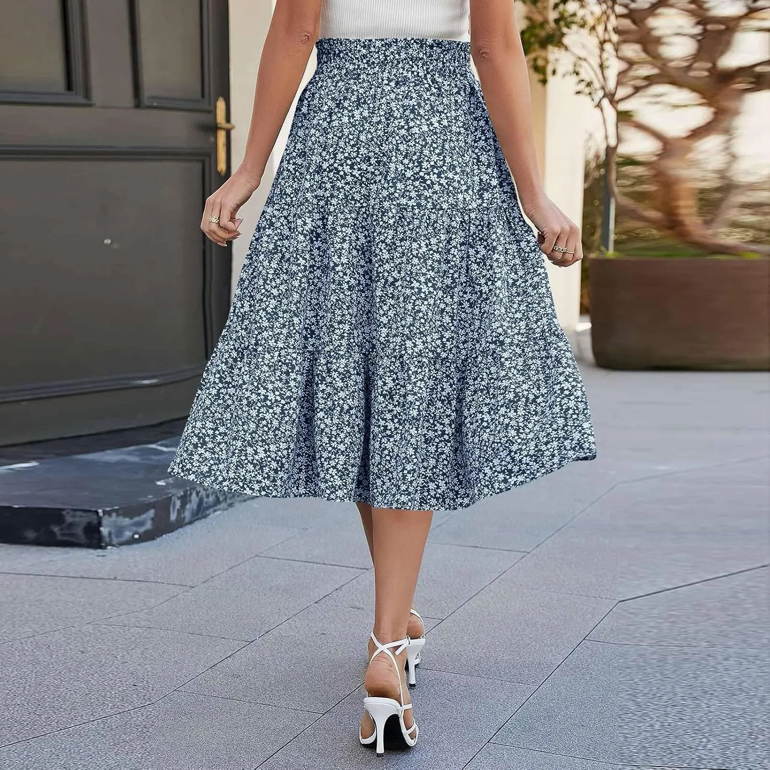Womens Boho Skirt Cute Vacation Pleated Beach Smocked Business Trendy Peasant Elastic Waist Summer Skirts for Women