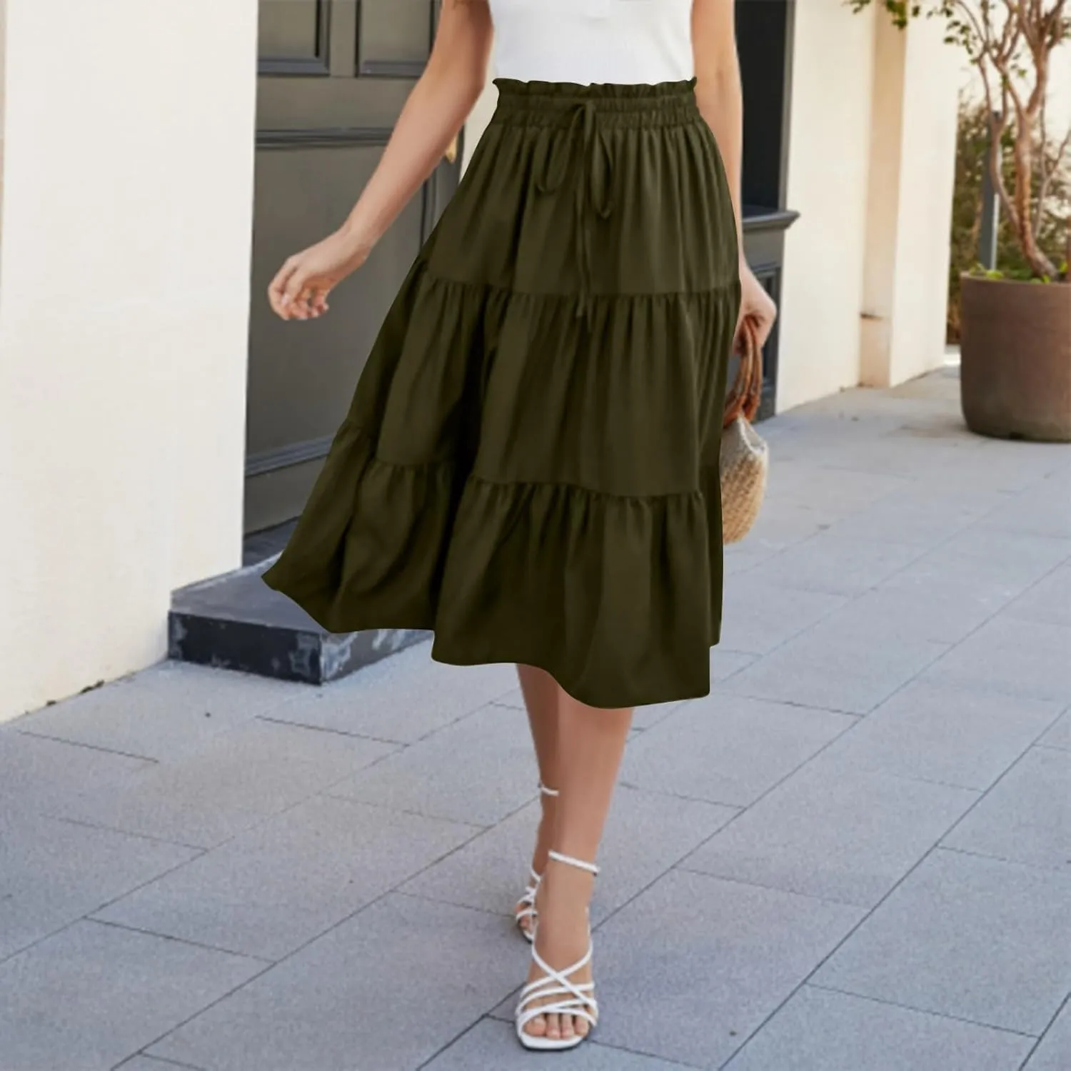 Womens Boho Skirt Cute Vacation Pleated Beach Smocked Business Trendy Peasant Elastic Waist Summer Skirts for Women