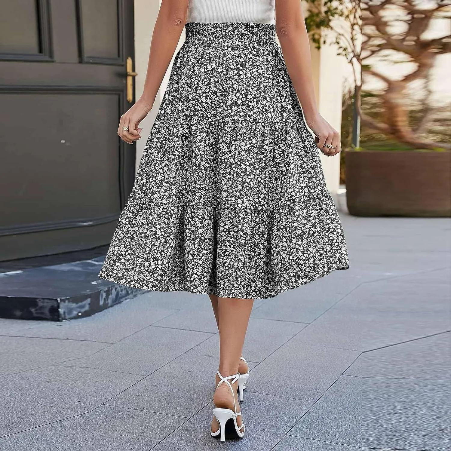 Womens Boho Skirt Cute Vacation Pleated Beach Smocked Business Trendy Peasant Elastic Waist Summer Skirts for Women