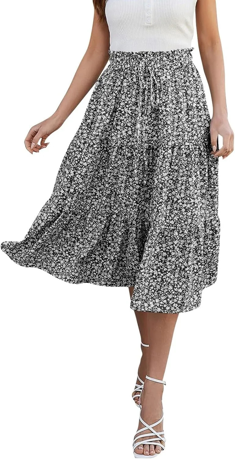 Womens Boho Skirt Cute Vacation Pleated Beach Smocked Business Trendy Peasant Elastic Waist Summer Skirts for Women