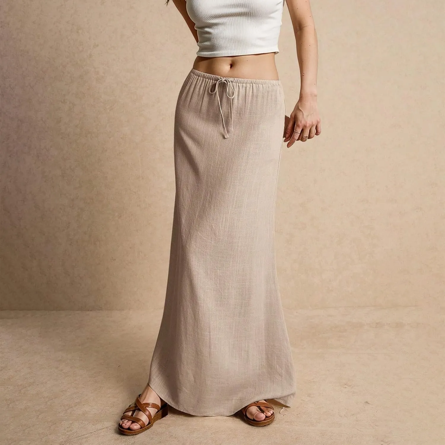 Women's Boho Skirts Summer Casual Loose Trendy Drawstring Solid Color Long Maxi Beach Sun Skirt, S-2XL