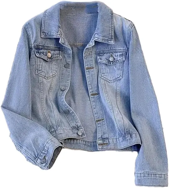 Women's Button Cropped Stretch Denim Jacket Long Sleeve Loose Trucker Denim Jackets