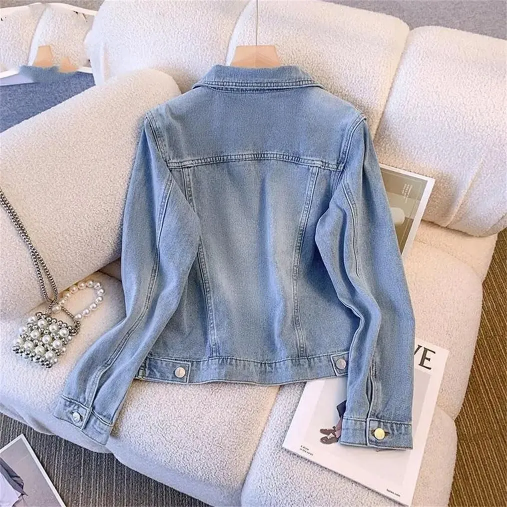 Women's Button Cropped Stretch Denim Jacket Long Sleeve Loose Trucker Denim Jackets