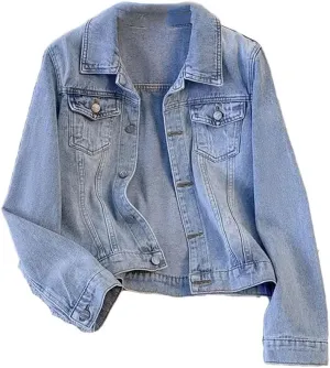 Women's Button Cropped Stretch Denim Jacket Long Sleeve Loose Trucker Denim Jackets