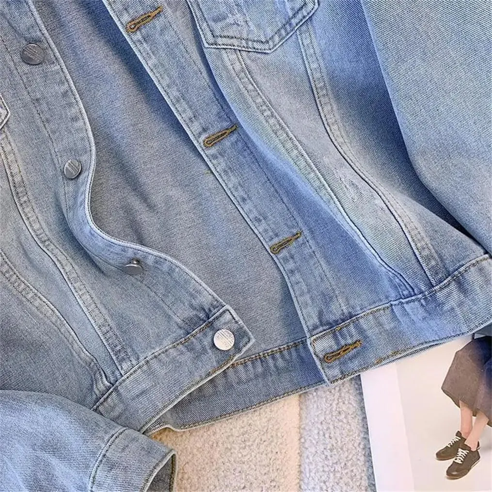 Women's Button Cropped Stretch Denim Jacket Long Sleeve Loose Trucker Denim Jackets