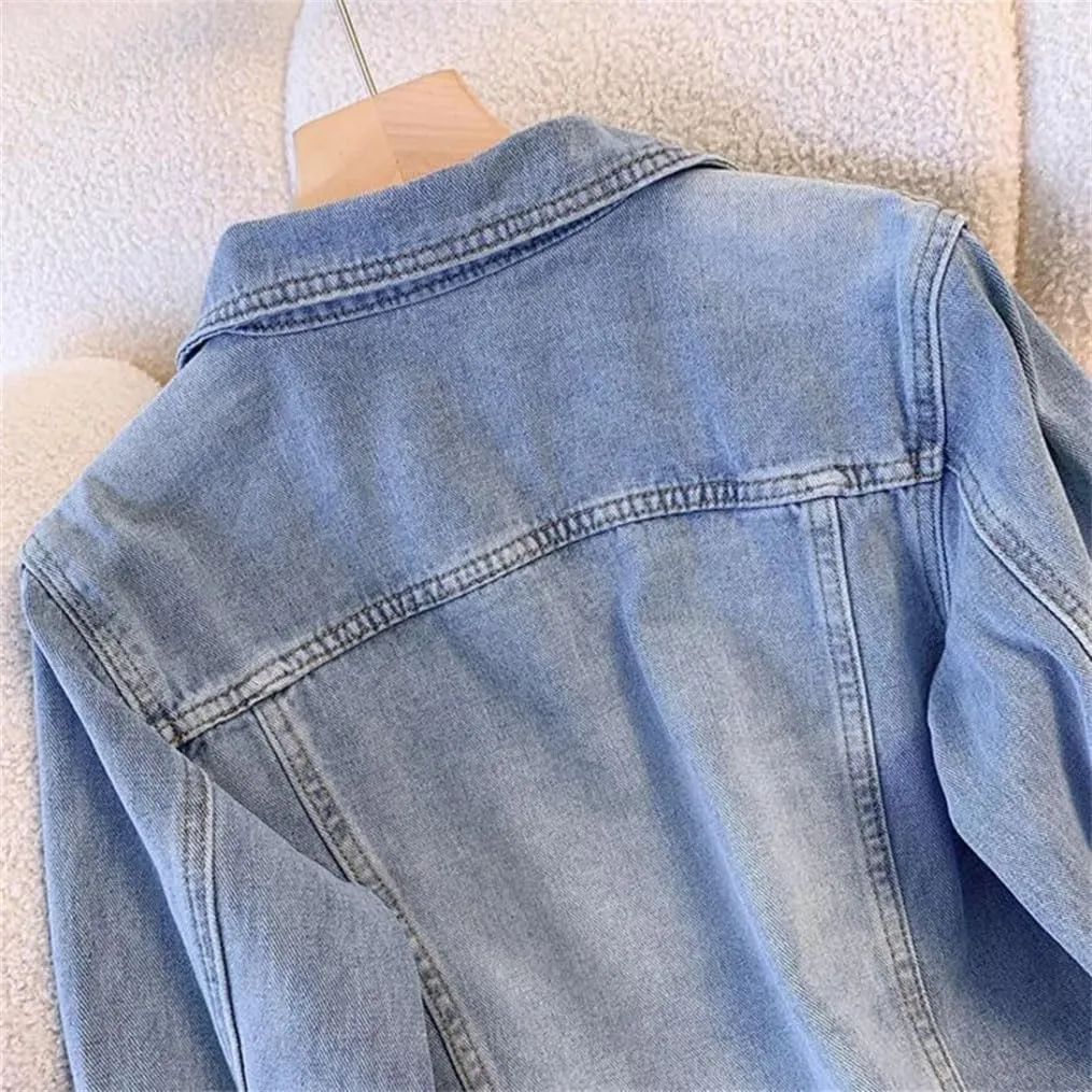 Women's Button Cropped Stretch Denim Jacket Long Sleeve Loose Trucker Denim Jackets