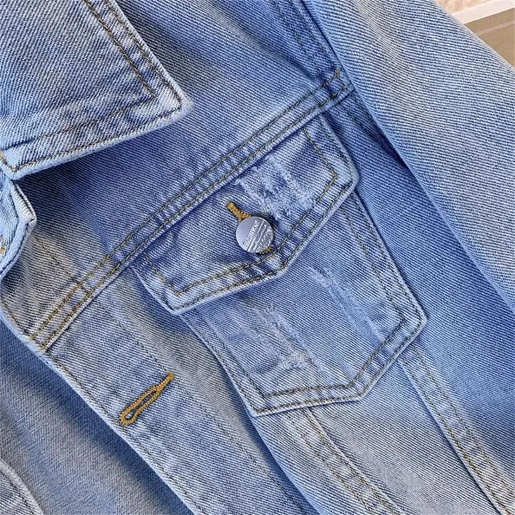 Women's Button Cropped Stretch Denim Jacket Long Sleeve Loose Trucker Denim Jackets