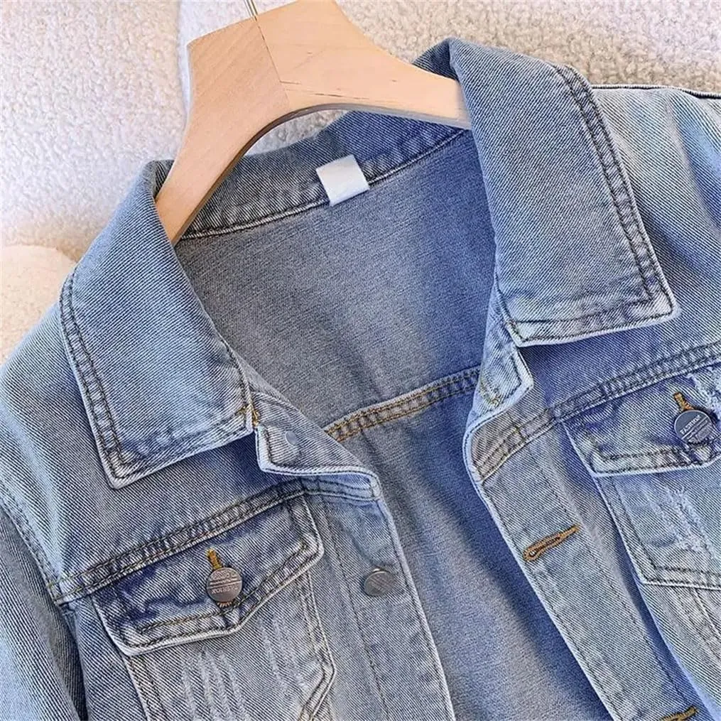 Women's Button Cropped Stretch Denim Jacket Long Sleeve Loose Trucker Denim Jackets