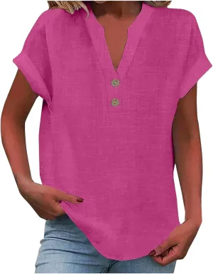 Womens Button Down Collar Shirt Plain Long Sleeve Linen Summer Casual Office Blouse Tops Loose Fit Tunic