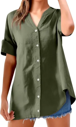 Women's Button Down Shirts Plain Long Sleeve Cotton Linen Summer Casual Business Blouse Top Loose Fit T Shirts