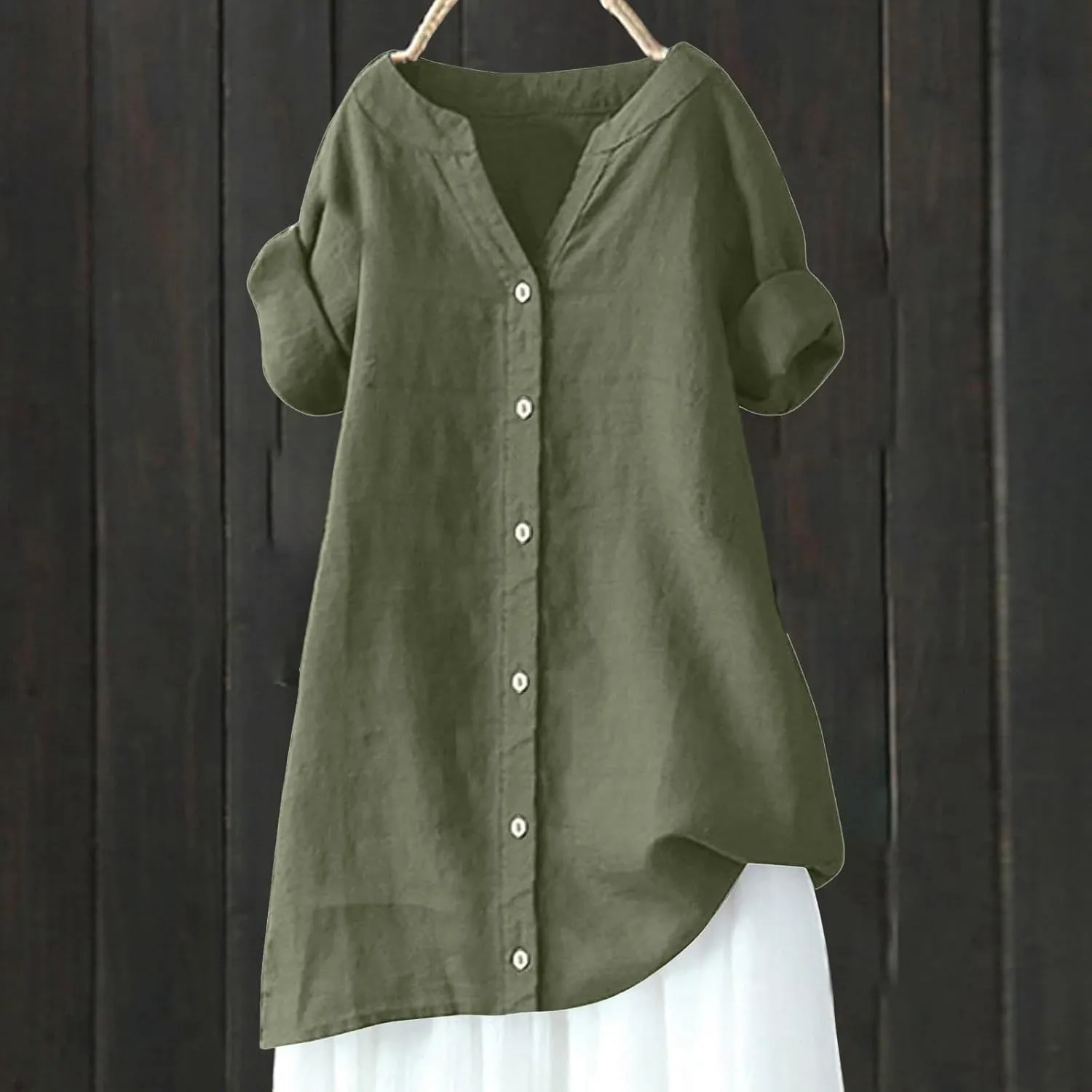 Women's Button Down Shirts Plain Long Sleeve Cotton Linen Summer Casual Business Blouse Top Loose Fit T Shirts