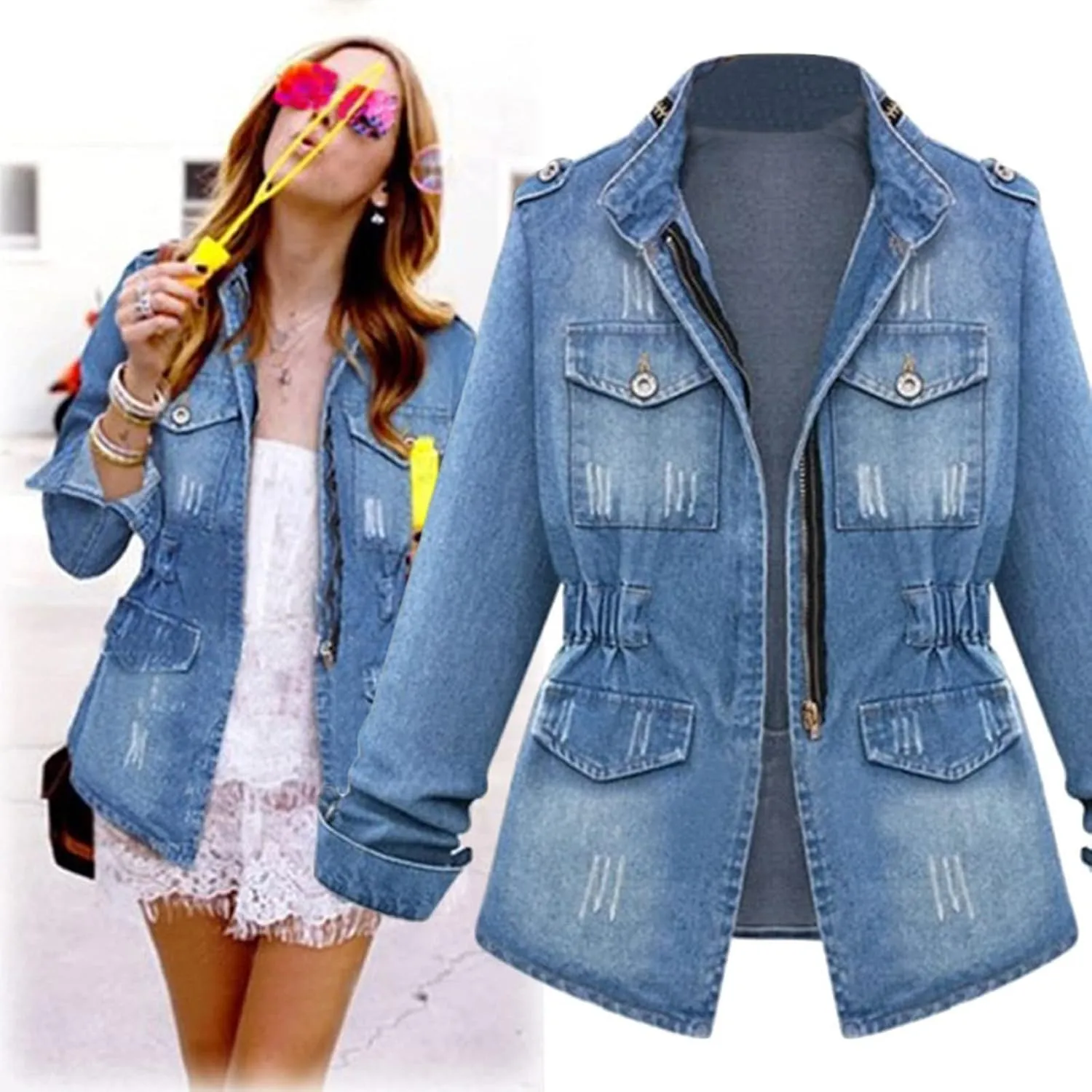 Women's Casual Denim Jacket Distressed Long Sleeve Trucker Jackets Zipper Cardigan Outerwear Plus Size Jeans Jackets