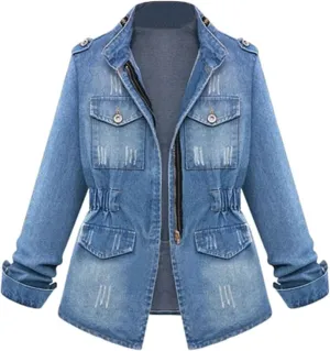 Women's Casual Denim Jacket Distressed Long Sleeve Trucker Jackets Zipper Cardigan Outerwear Plus Size Jeans Jackets