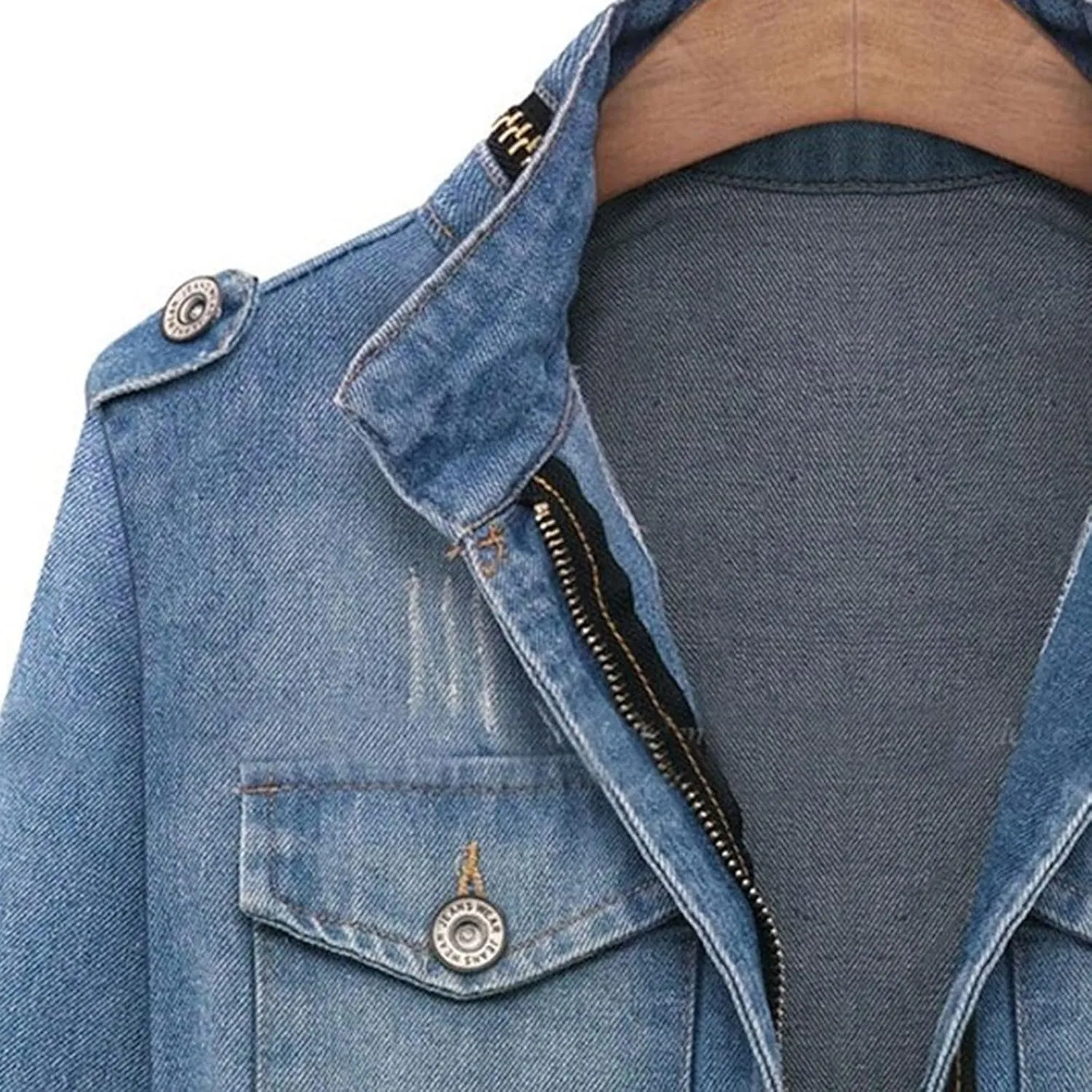 Women's Casual Denim Jacket Distressed Long Sleeve Trucker Jackets Zipper Cardigan Outerwear Plus Size Jeans Jackets