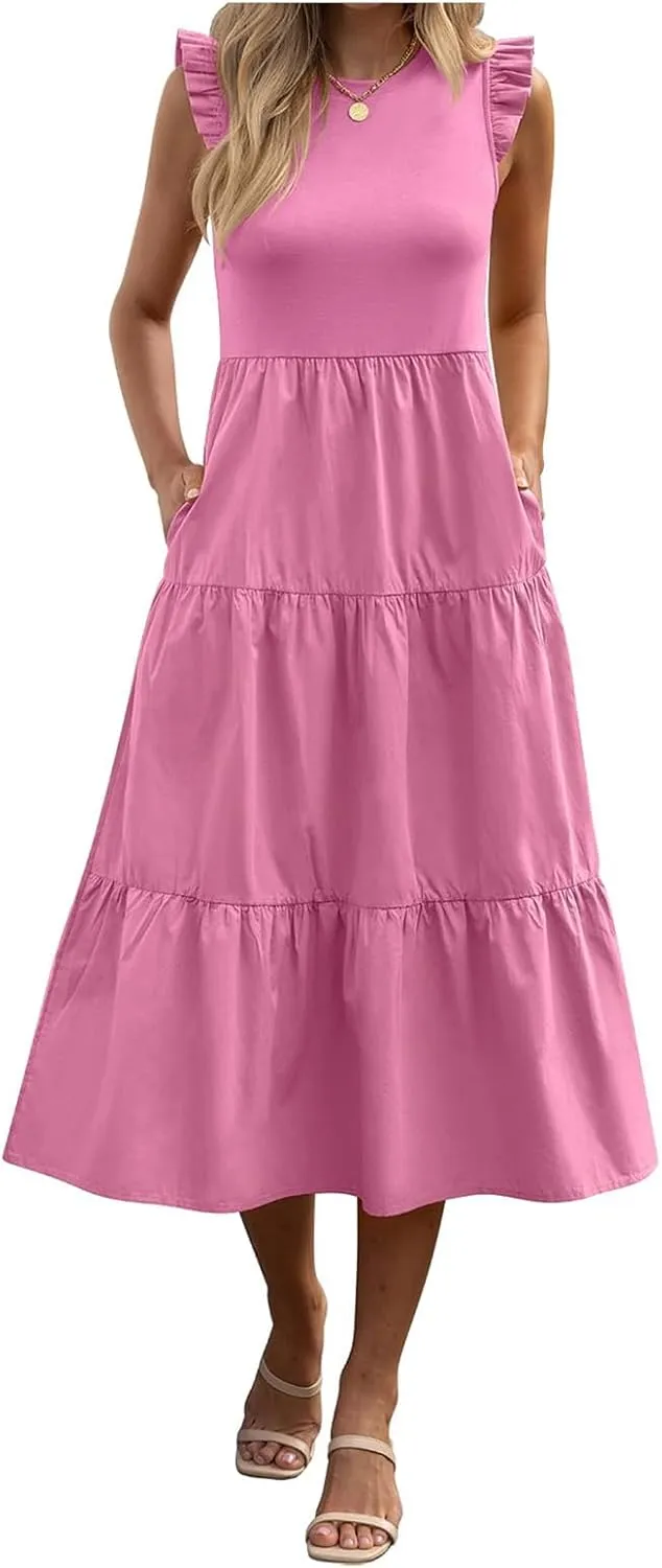 Women's Casual Maxi Dresses Crewneck Ruffle Sleeve Smocked Dress Summer Tiered Aline Beach Dresses with Pockets