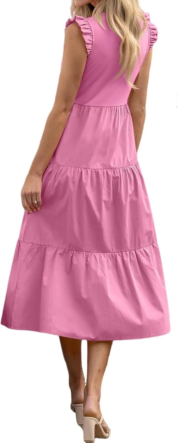 Women's Casual Maxi Dresses Crewneck Ruffle Sleeve Smocked Dress Summer Tiered Aline Beach Dresses with Pockets