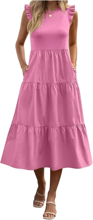 Women's Casual Maxi Dresses Crewneck Ruffle Sleeve Smocked Dress Summer Tiered Aline Beach Dresses with Pockets