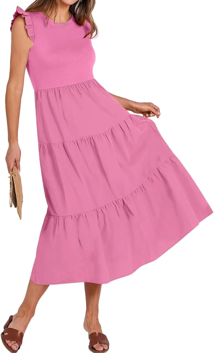Women's Casual Maxi Dresses Crewneck Ruffle Sleeve Smocked Dress Summer Tiered Aline Beach Dresses with Pockets