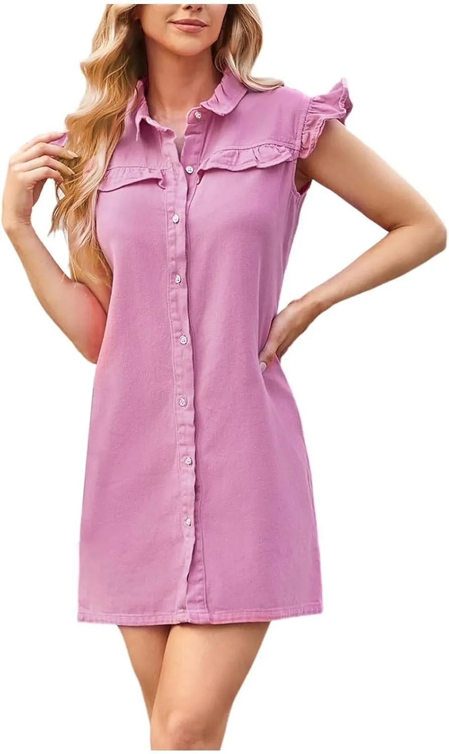 Womens Casual Shirt Dresses 2025 Cinched V Neck Button Down Shirt Dresses Pleated Empire Waist Loose Mini Dress