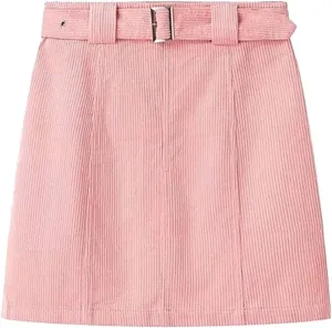 Womens Corduroy Skirt Mini Pencil Skirt Paperbag Belted High Waist Business Office Work Short Mini Skirt with Pocket