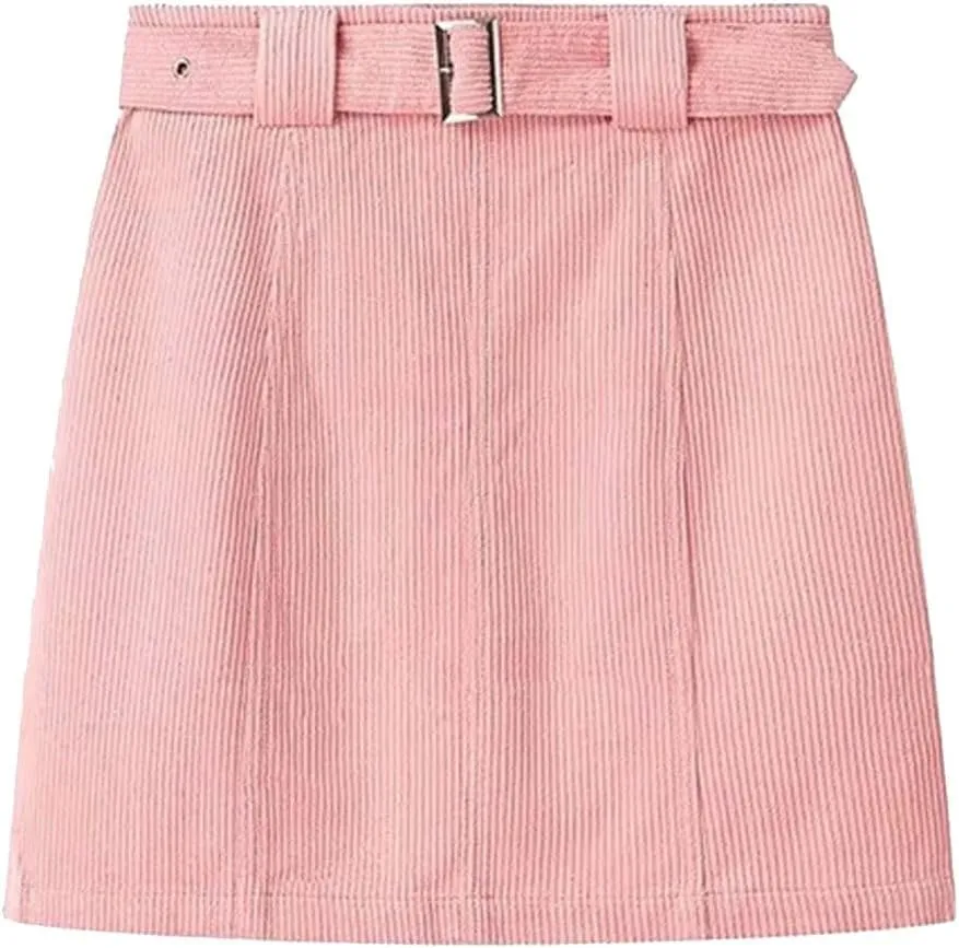 Womens Corduroy Skirt Mini Pencil Skirt Paperbag Belted High Waist Business Office Work Short Mini Skirt with Pocket
