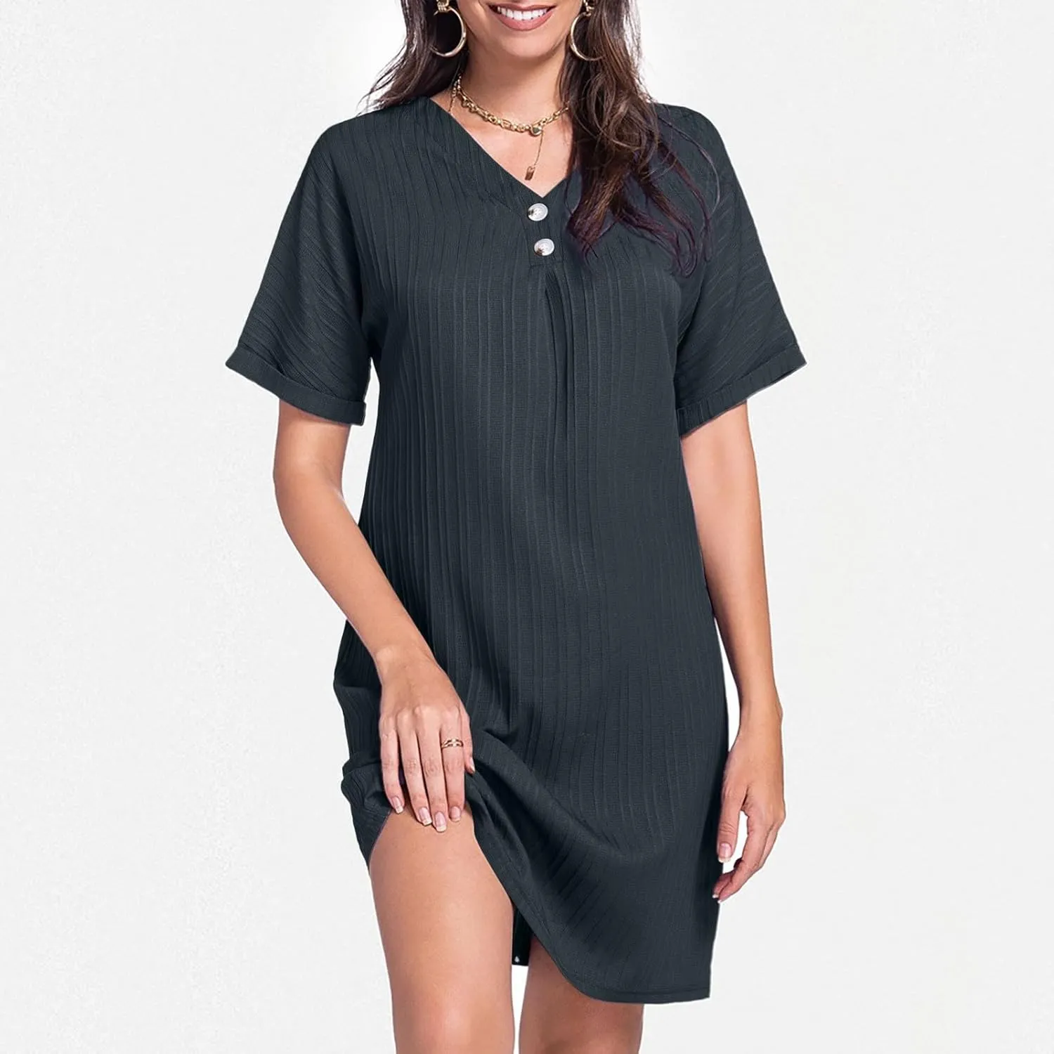 Womens Cotton Shirt Dress 2025 Summer Casual Cap Sleeve Button V Neck Shift Dress Beach Cover Up Shirts with Pockets