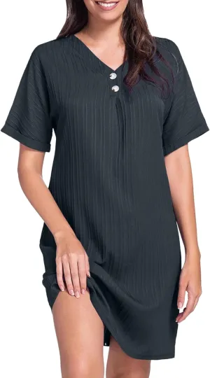 Womens Cotton Shirt Dress 2025 Summer Casual Cap Sleeve Button V Neck Shift Dress Beach Cover Up Shirts with Pockets