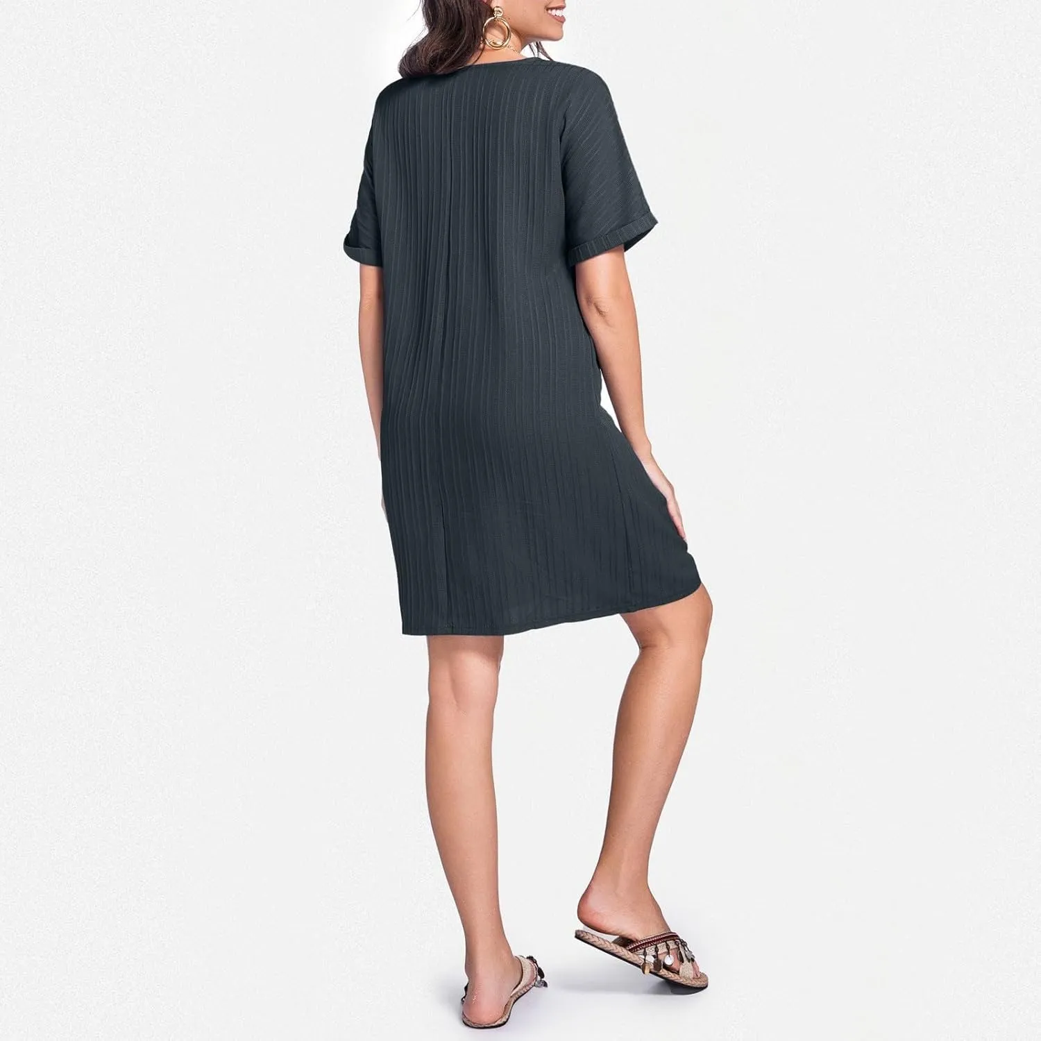 Womens Cotton Shirt Dress 2025 Summer Casual Cap Sleeve Button V Neck Shift Dress Beach Cover Up Shirts with Pockets