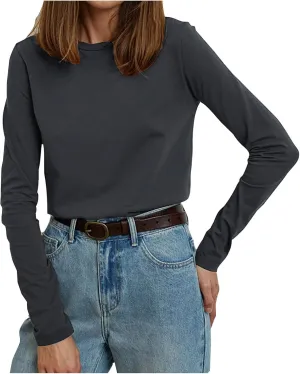 Women's Crew Neck Long Sleeve Shirts Basic Loose Fit Layering Tops Simple Classic Plain Color Pullover Fall Winter