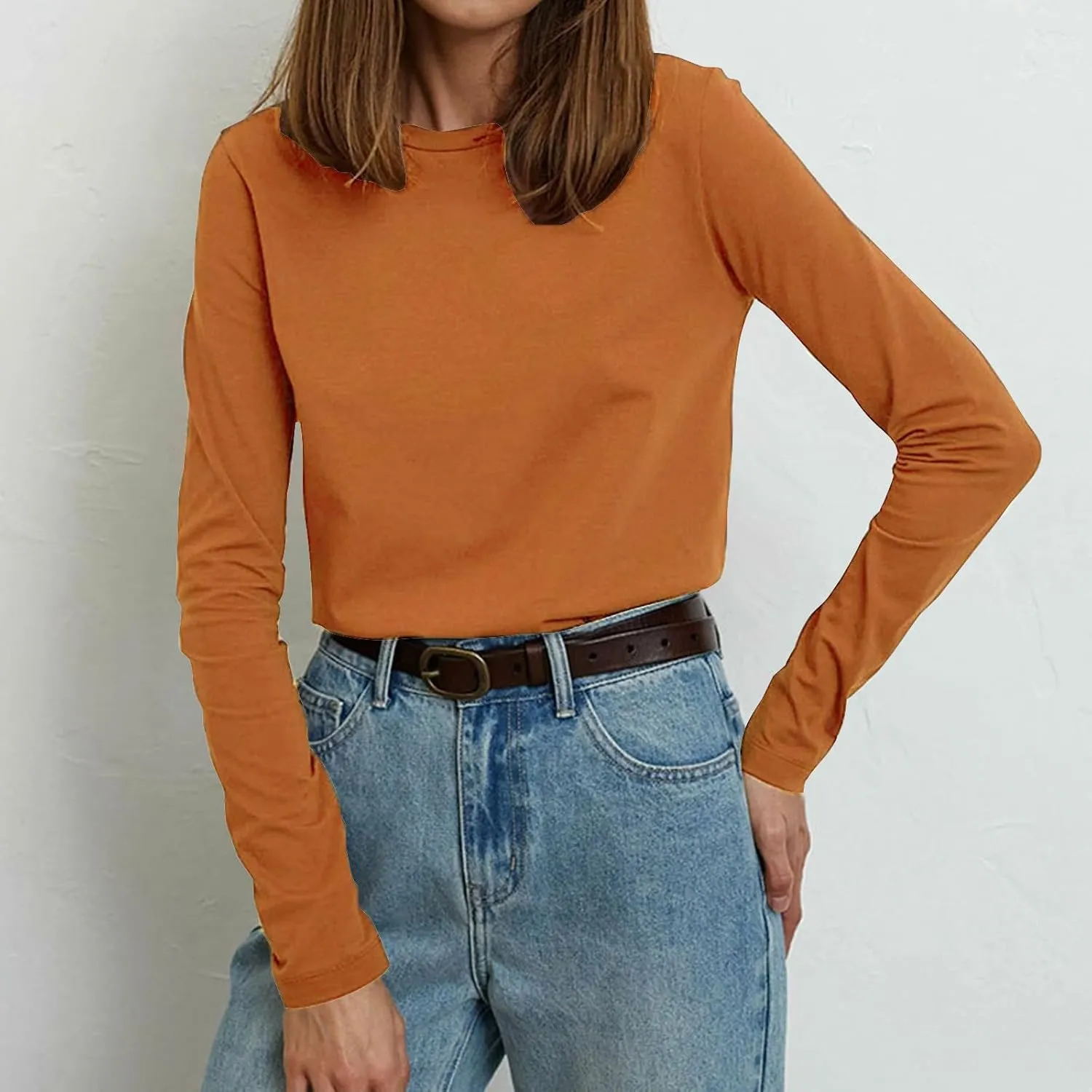 Women's Crew Neck Long Sleeve Shirts Basic Loose Fit Layering Tops Simple Classic Plain Color Pullover Fall Winter
