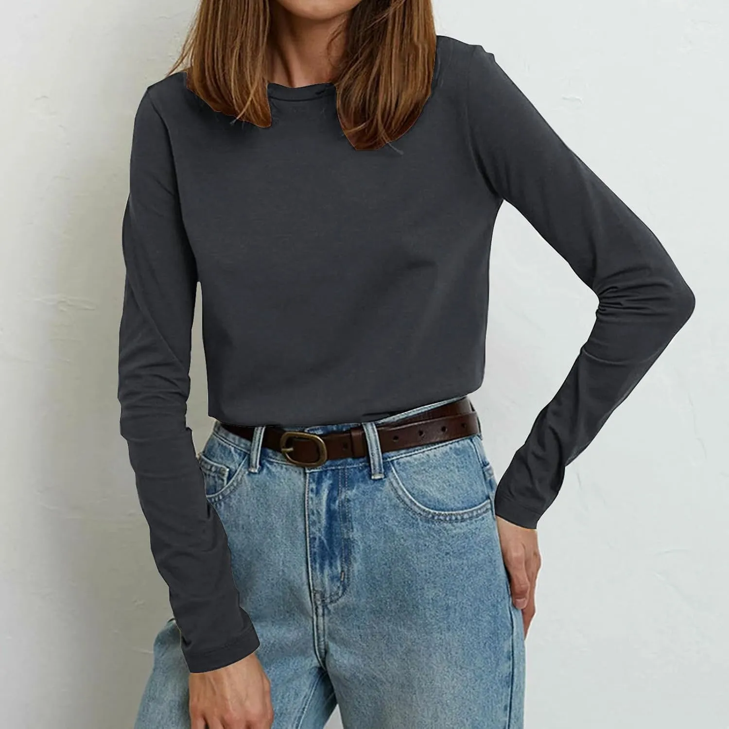 Women's Crew Neck Long Sleeve Shirts Basic Loose Fit Layering Tops Simple Classic Plain Color Pullover Fall Winter
