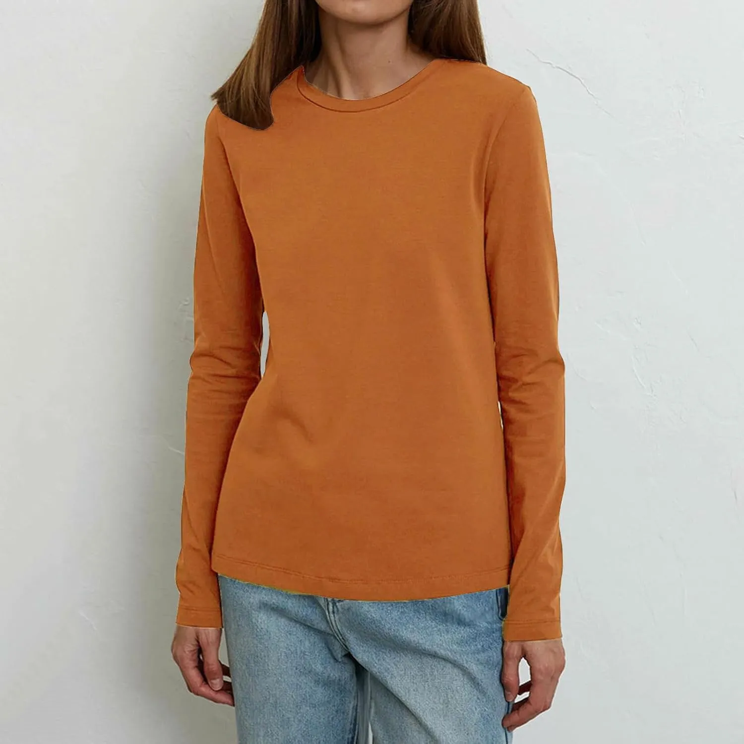 Women's Crew Neck Long Sleeve Shirts Basic Loose Fit Layering Tops Simple Classic Plain Color Pullover Fall Winter