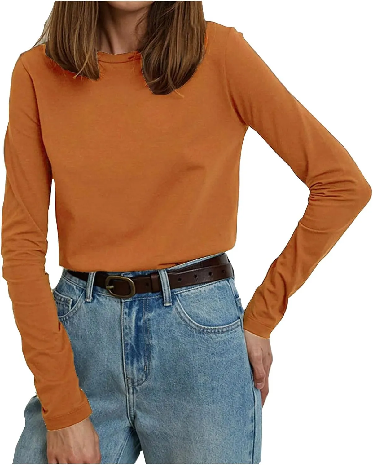 Women's Crew Neck Long Sleeve Shirts Basic Loose Fit Layering Tops Simple Classic Plain Color Pullover Fall Winter