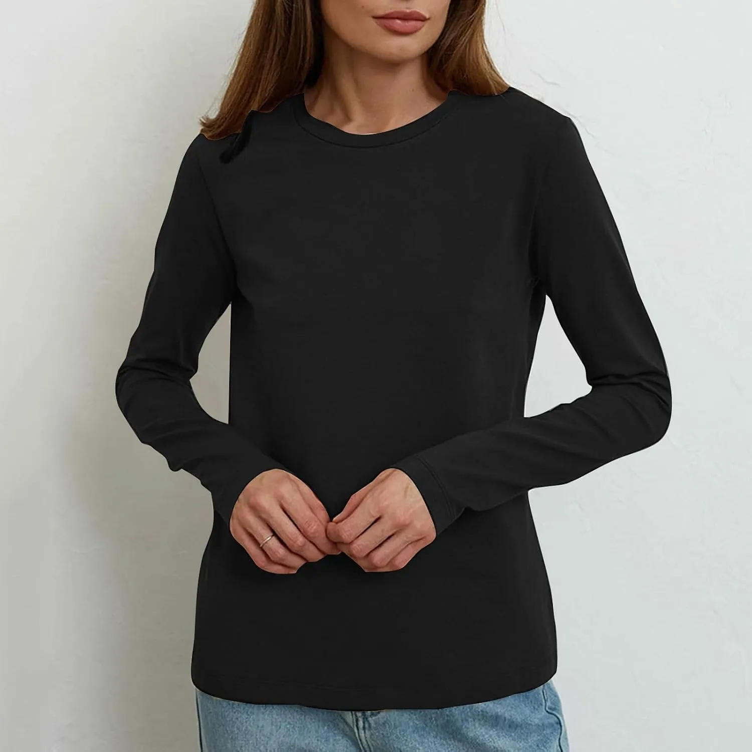 Women's Crew Neck Long Sleeve Shirts Basic Loose Fit Layering Tops Simple Classic Plain Color Pullover Fall Winter