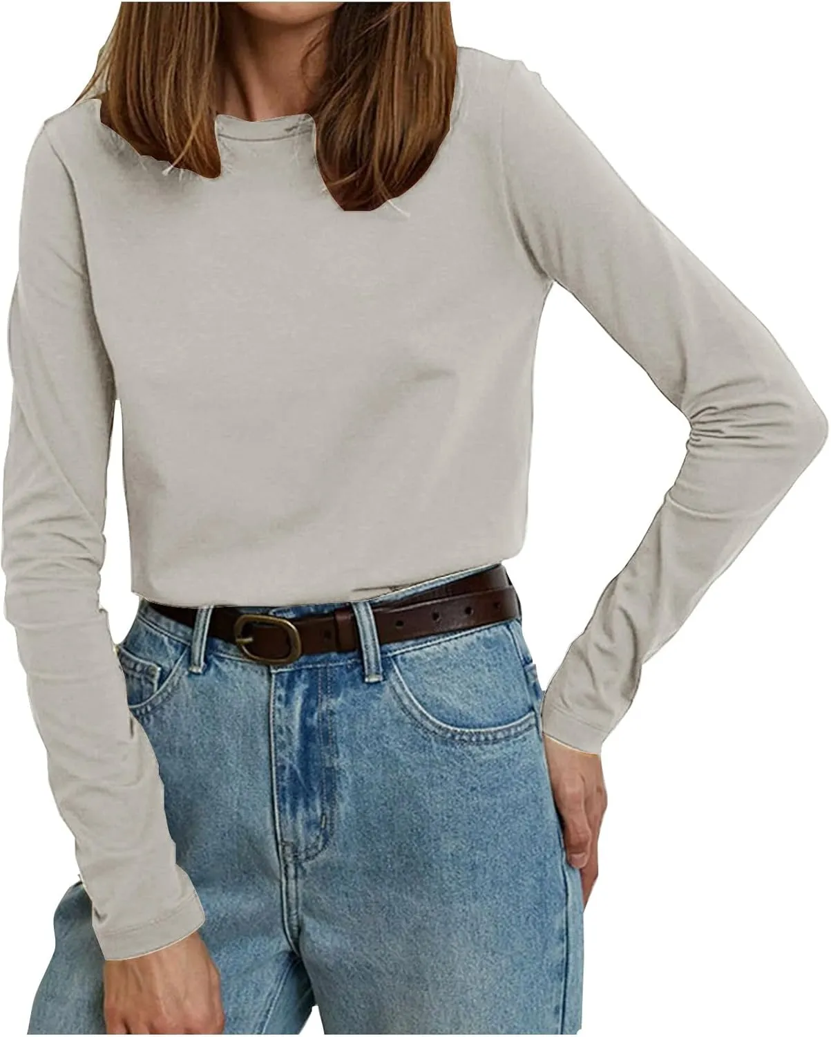 Women's Crew Neck Long Sleeve Shirts Basic Loose Fit Layering Tops Simple Classic Plain Color Pullover Fall Winter