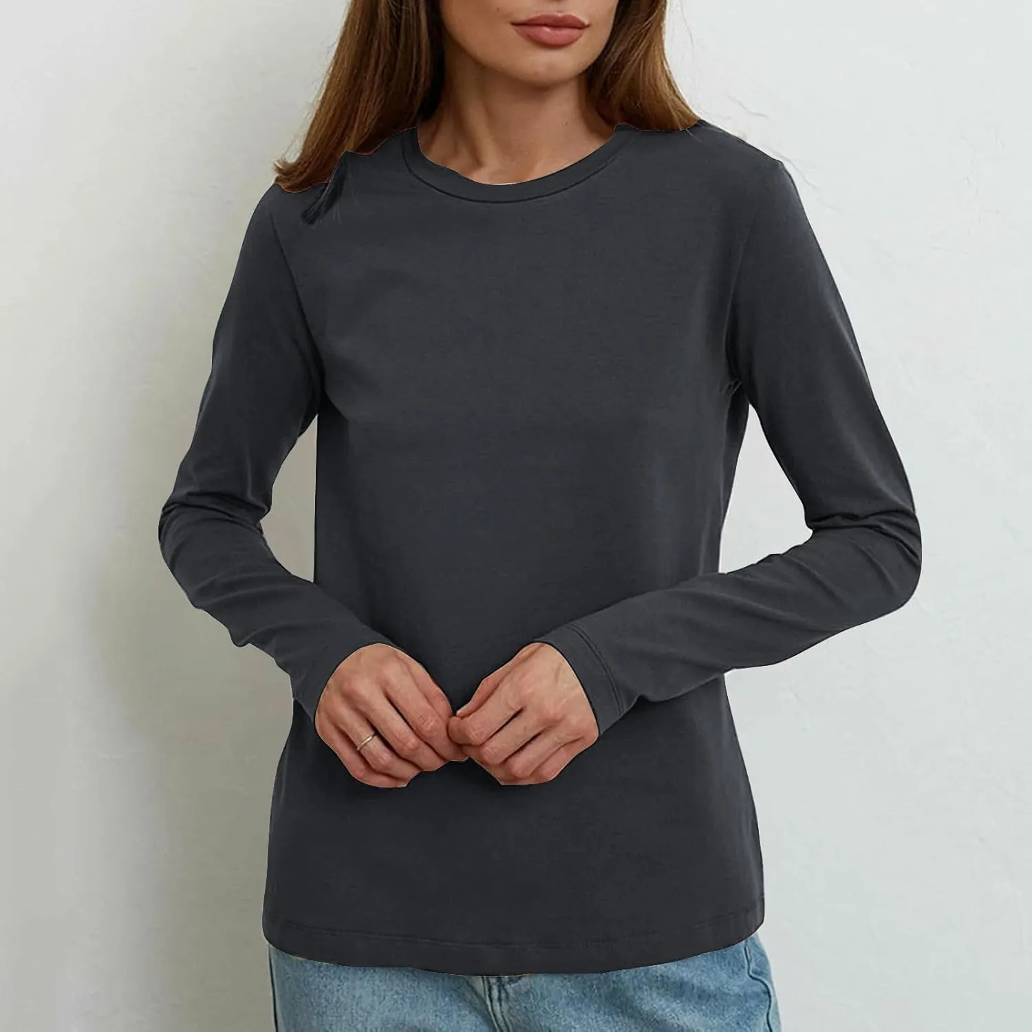 Women's Crew Neck Long Sleeve Shirts Basic Loose Fit Layering Tops Simple Classic Plain Color Pullover Fall Winter