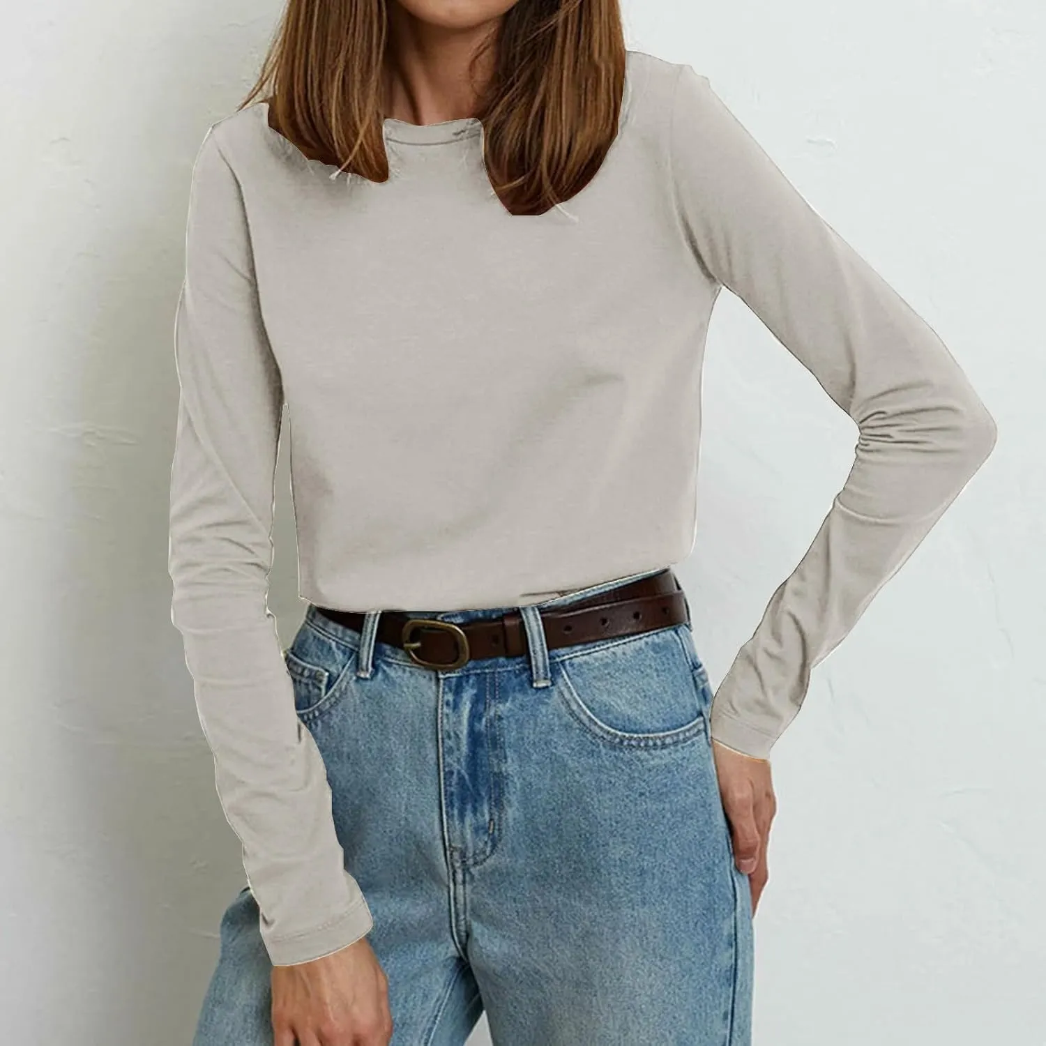 Women's Crew Neck Long Sleeve Shirts Basic Loose Fit Layering Tops Simple Classic Plain Color Pullover Fall Winter