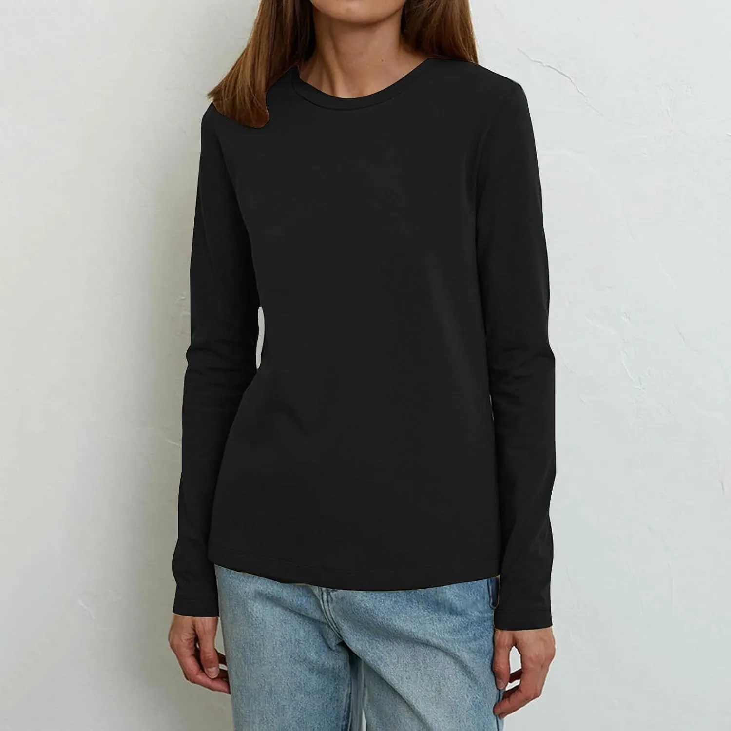 Women's Crew Neck Long Sleeve Shirts Basic Loose Fit Layering Tops Simple Classic Plain Color Pullover Fall Winter