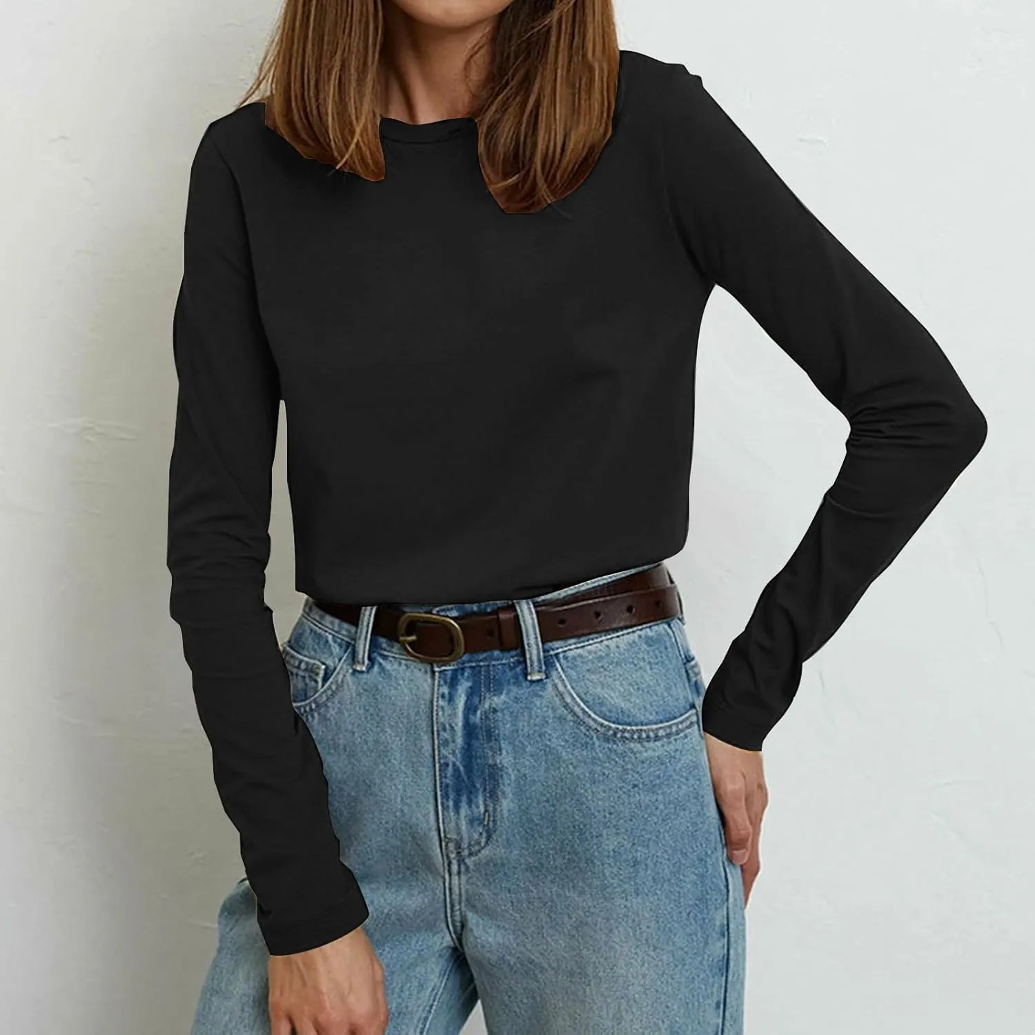 Women's Crew Neck Long Sleeve Shirts Basic Loose Fit Layering Tops Simple Classic Plain Color Pullover Fall Winter