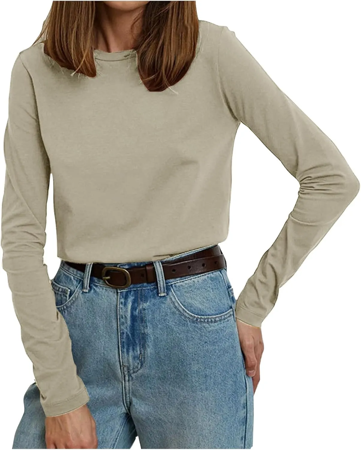 Women's Crew Neck Long Sleeve Shirts Basic Loose Fit Layering Tops Simple Classic Plain Color Pullover Fall Winter