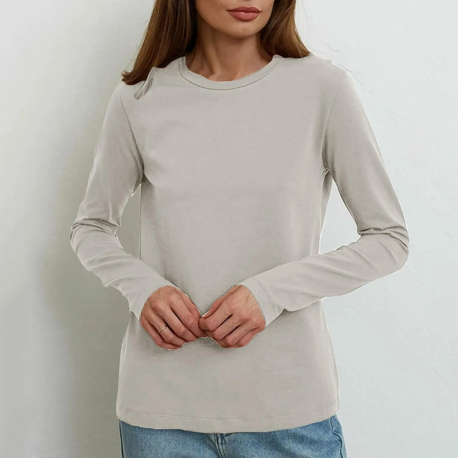 Women's Crew Neck Long Sleeve Shirts Basic Loose Fit Layering Tops Simple Classic Plain Color Pullover Fall Winter
