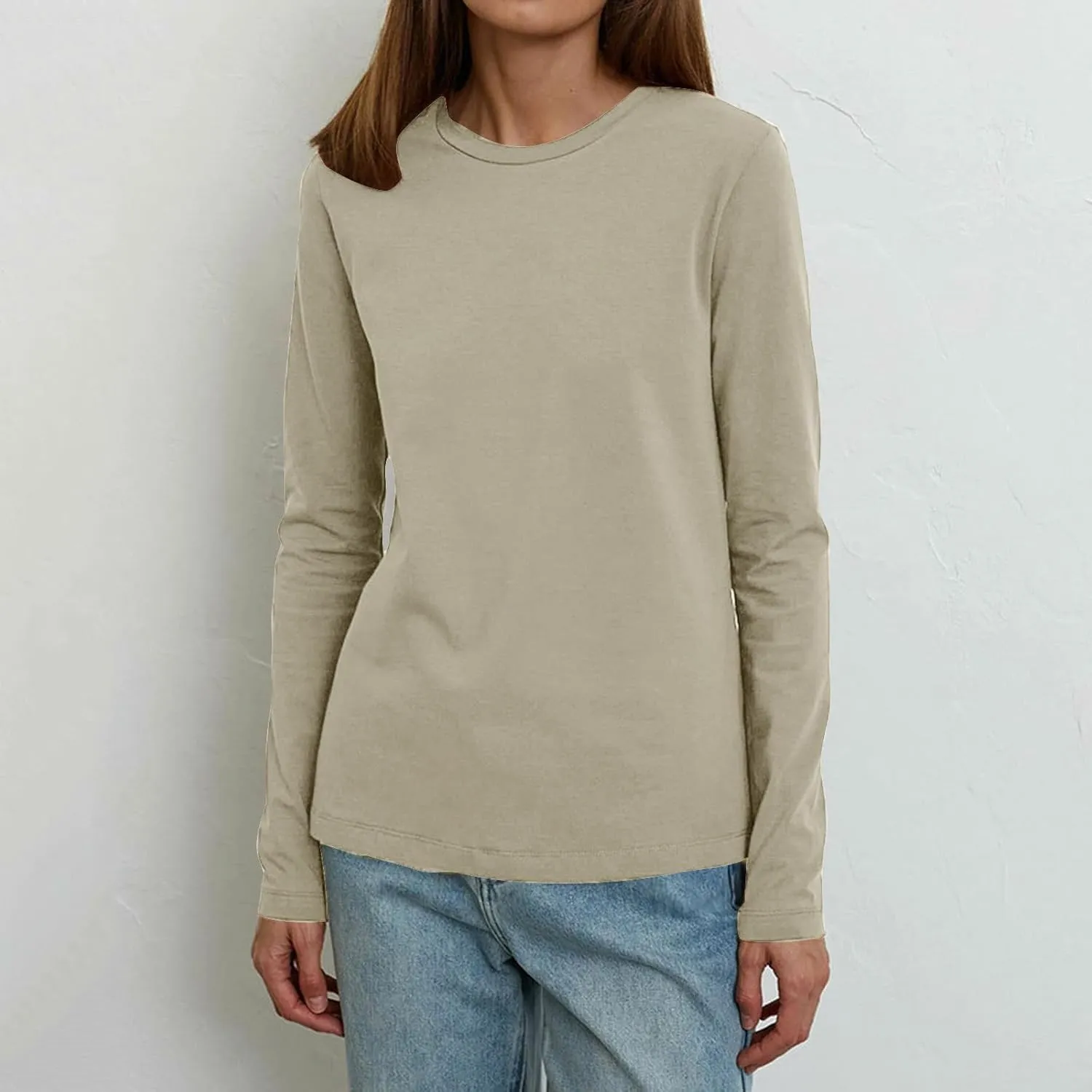 Women's Crew Neck Long Sleeve Shirts Basic Loose Fit Layering Tops Simple Classic Plain Color Pullover Fall Winter