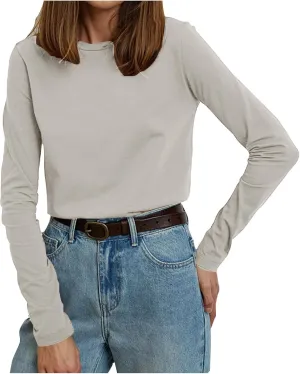 Women's Crew Neck Long Sleeve Shirts Basic Loose Fit Layering Tops Simple Classic Plain Color Pullover Fall Winter
